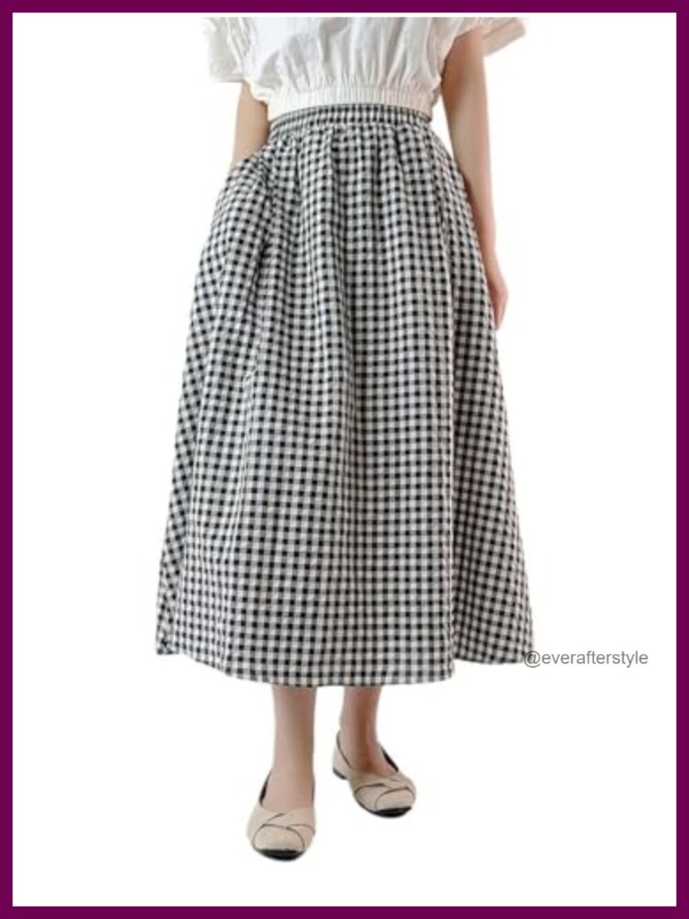 Plaid Midi Skirt Elastic Waist A-Line Swing Pleated with Pockets
